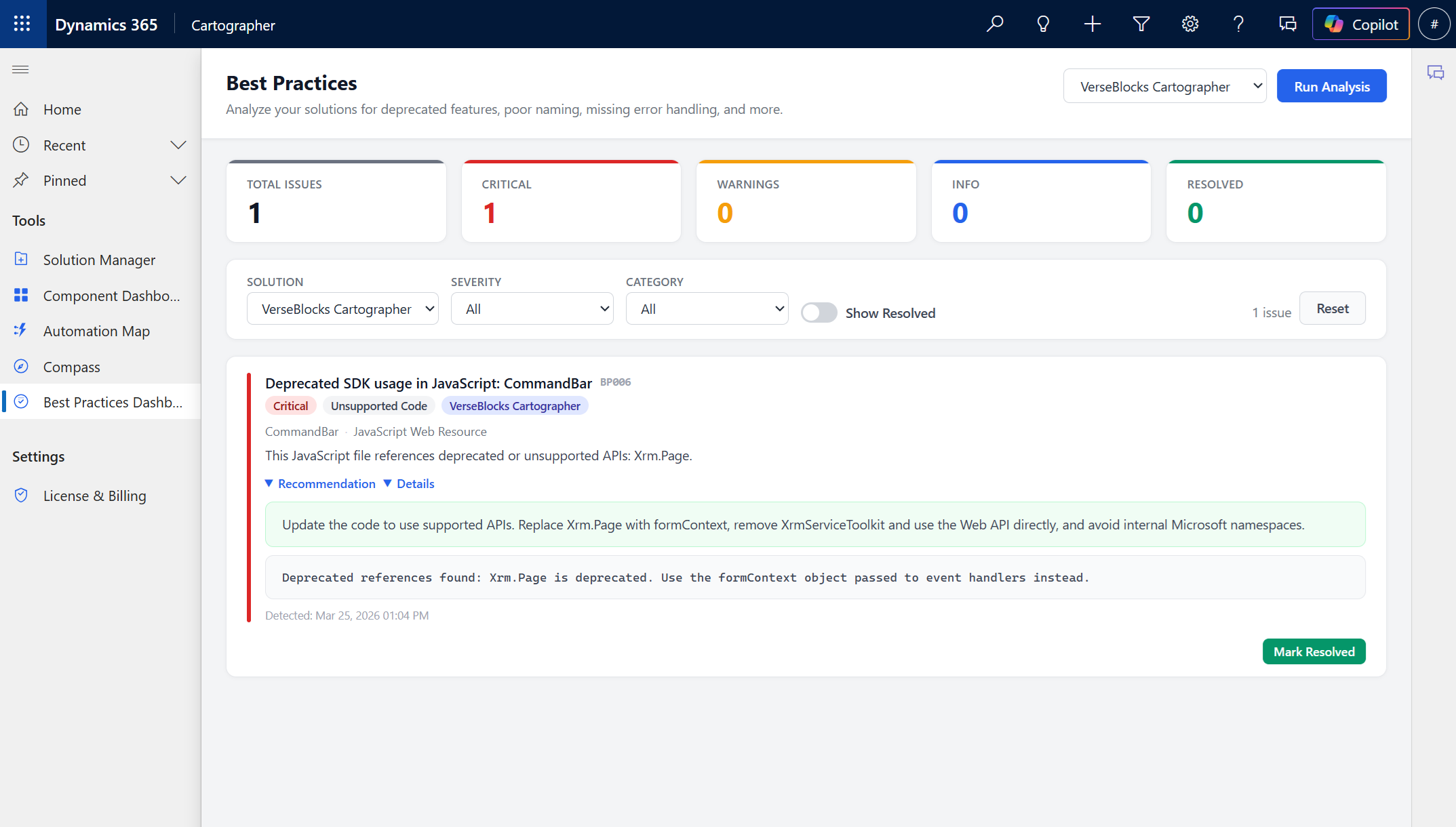 Best Practices dashboard showing rule violations by severity