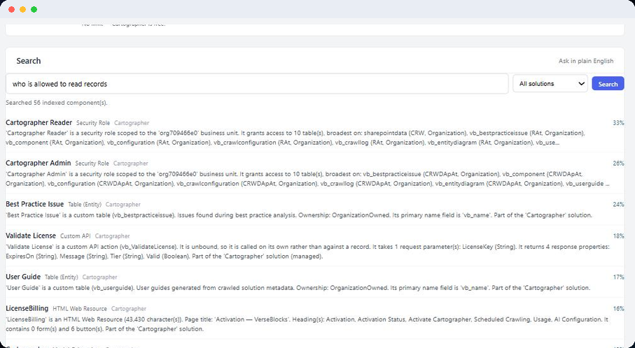 The Search panel in Solution Manager, with a question box, a scope dropdown, a Search button and a ranked list of matching components