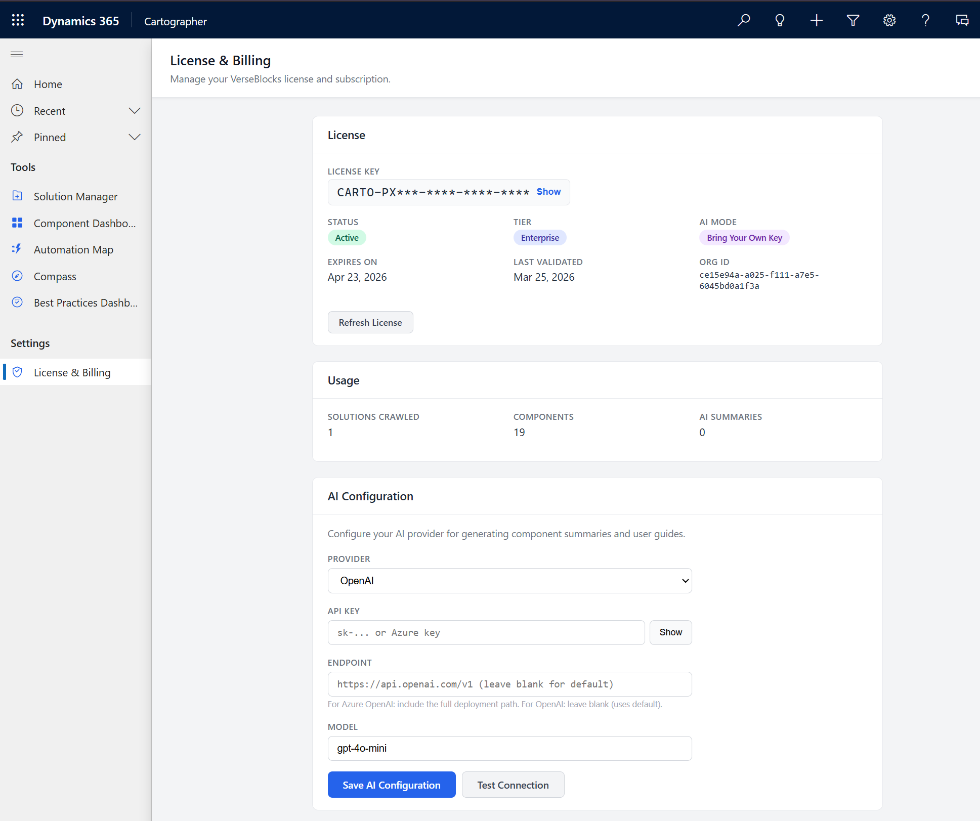 License and Billing configuration page