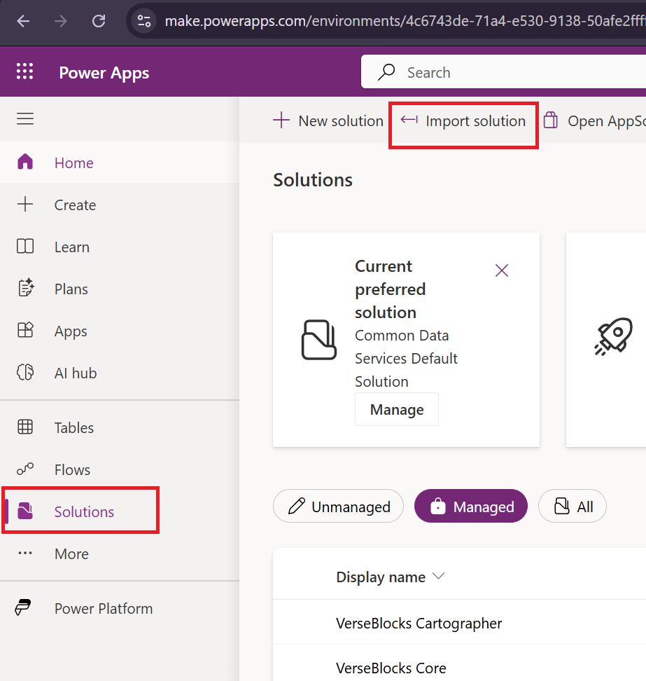 Solution import dialog in Power Apps