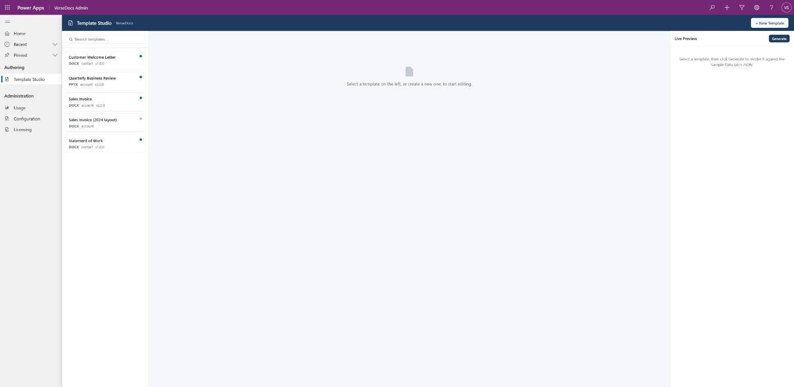 The VerseDocs Admin app open on Template Studio with Usage, Configuration and Licensing in the left navigation.