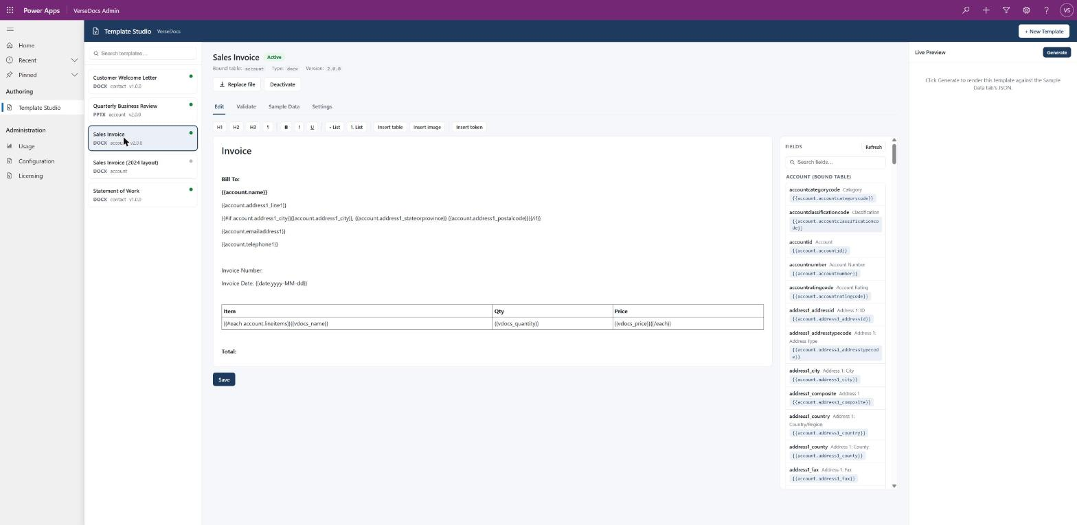 A template in the editor showing field tokens, a date formatter and an each loop inside a table row.