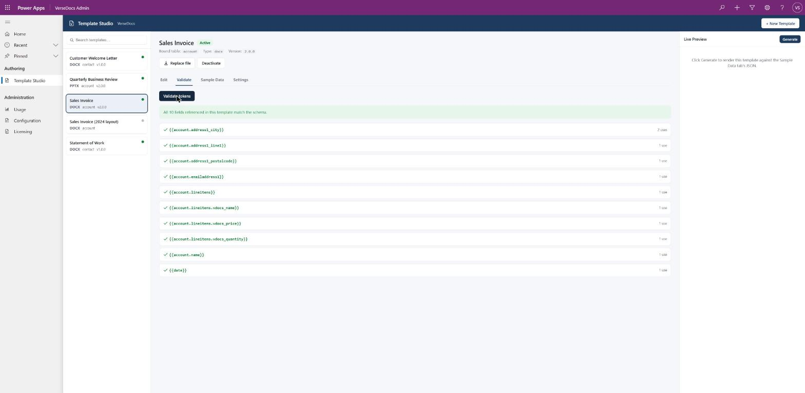 Validation results confirming all field paths in a template resolve against the bound table.