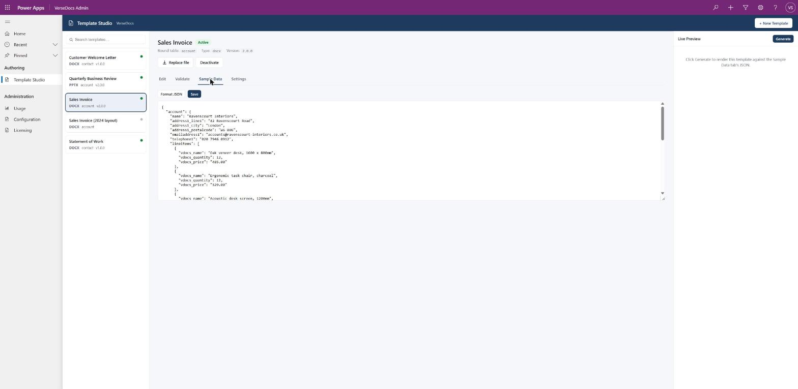 The Sample Data tab holding a JSON object for an account with address fields and an array of line items.