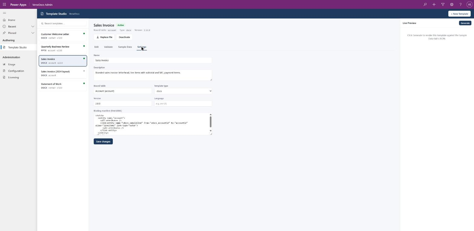 The New template dialog with an Invoice starter selected and a searchable 'Where do line items come from?' relationship picker open