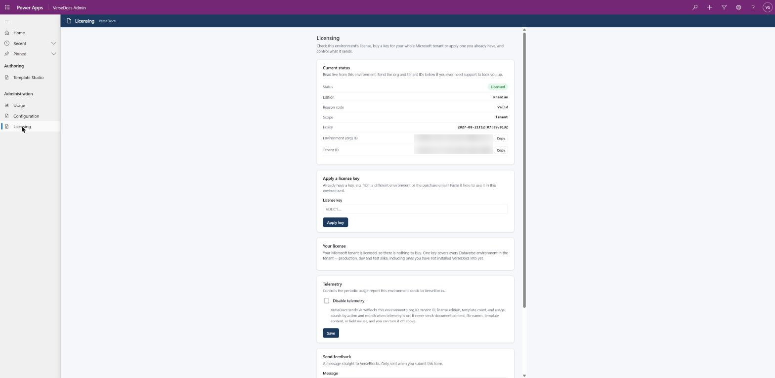 The VerseDocs Licensing page showing status Licensed, edition Premium, reason code Valid, scope Tenant, an expiry date, a licence key box and a telemetry toggle.