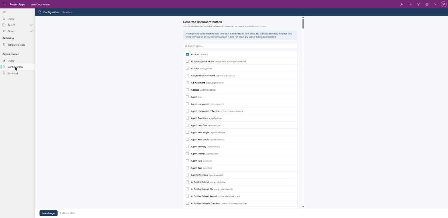 The VerseDocs Configuration page listing every Dataverse table with checkboxes, Account ticked, and a footer reading 2 tables enabled.