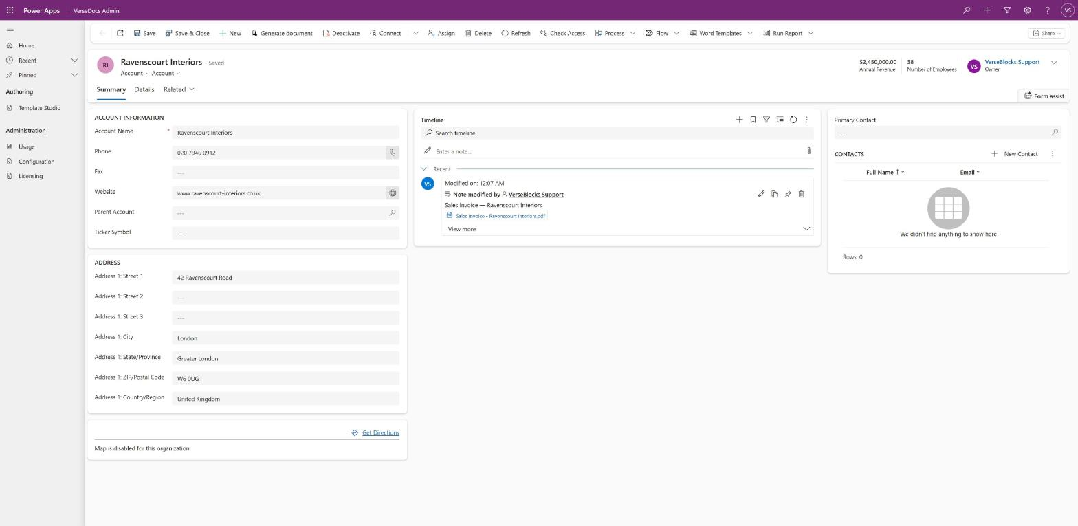 A Dynamics 365 account form for Ravenscourt Interiors with a Generate document button in the command bar and a generated invoice PDF attached to the timeline.