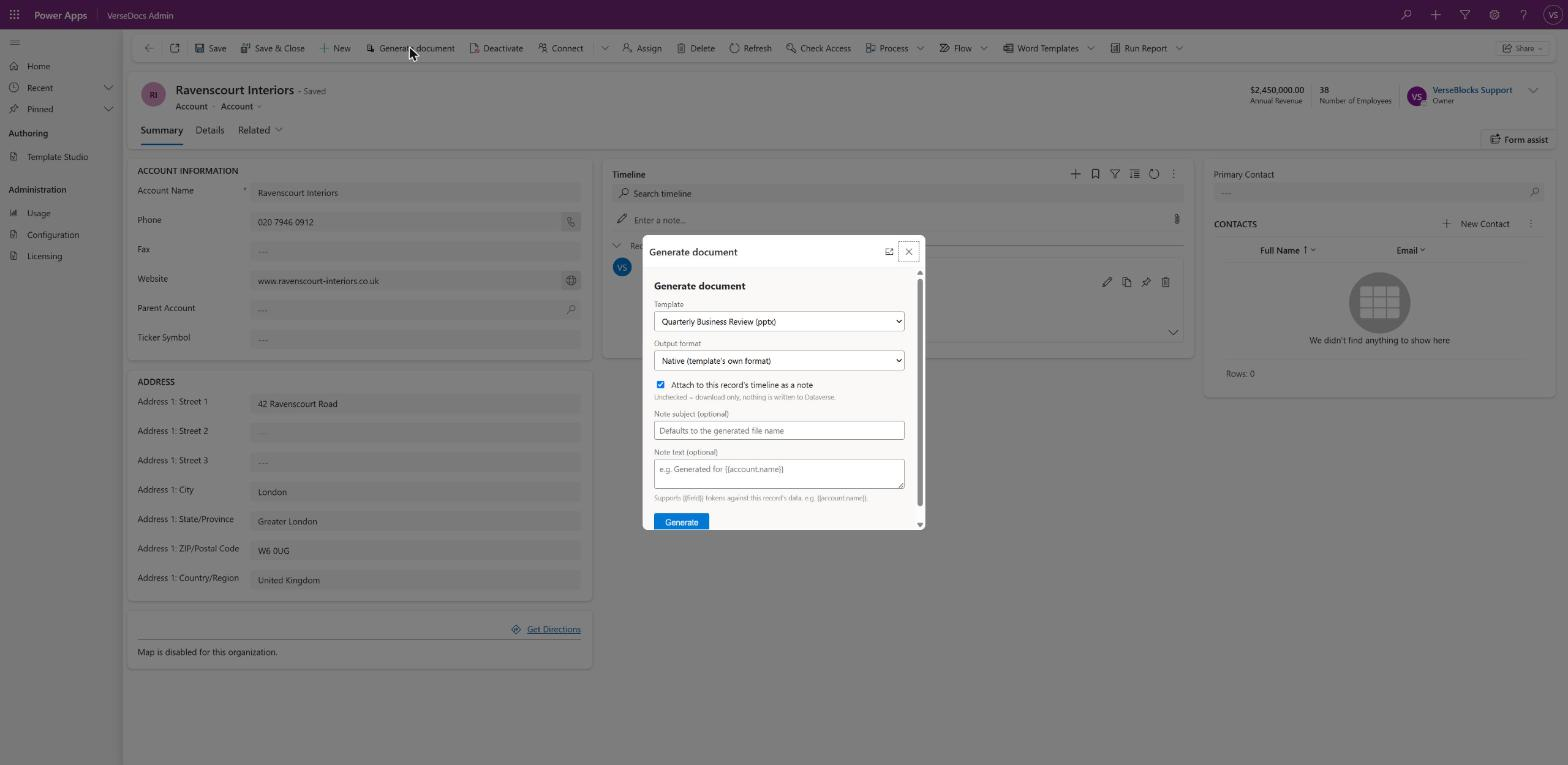 The Generate document dialog with a template dropdown, an output format dropdown, an attach-to-timeline checkbox and optional note fields.