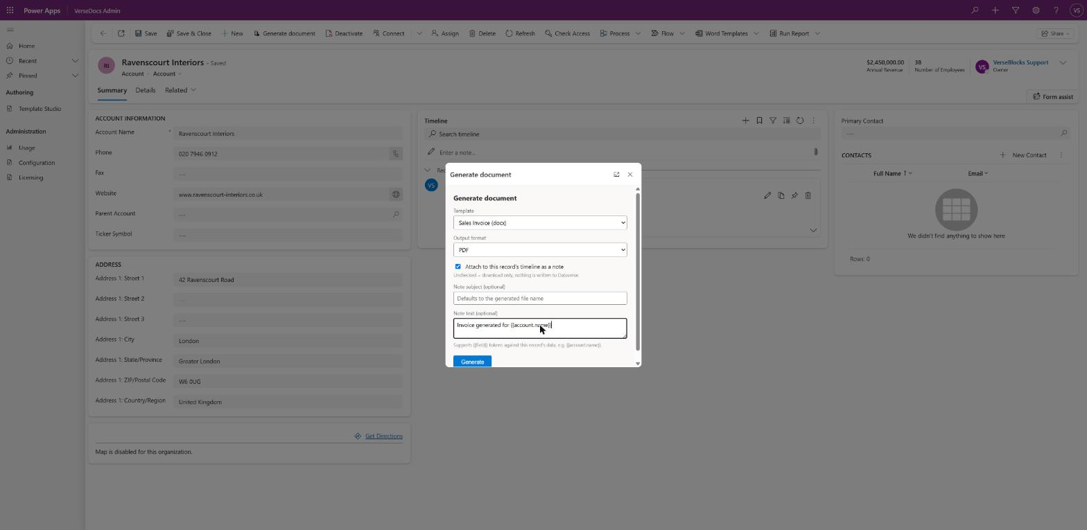 The Generate document dialog open on a contact record, showing template, output format, and attach-to-timeline options