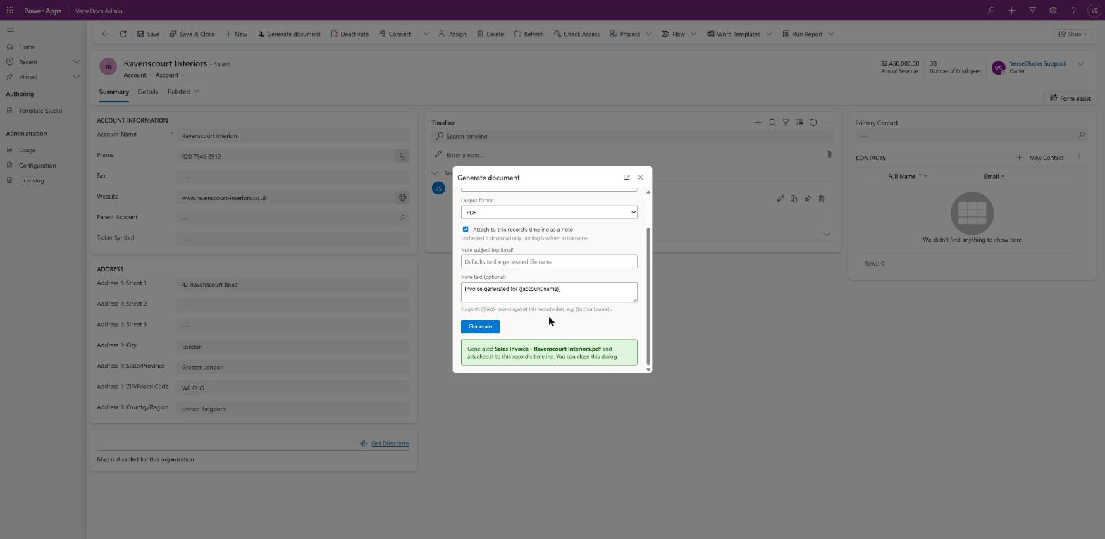 The Generate document dialog showing a green message confirming the PDF was generated and attached to the record’s timeline.
