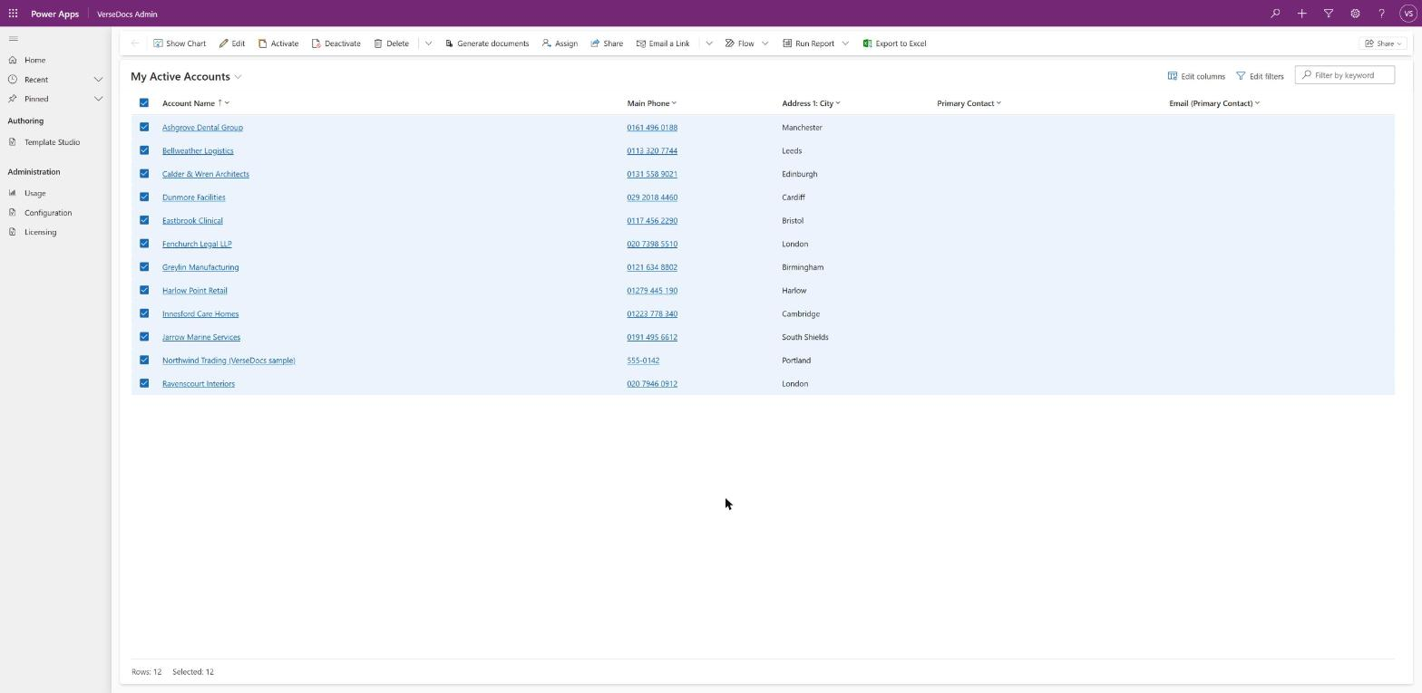 An accounts list view with all twelve rows selected and a Generate documents button in the command bar.