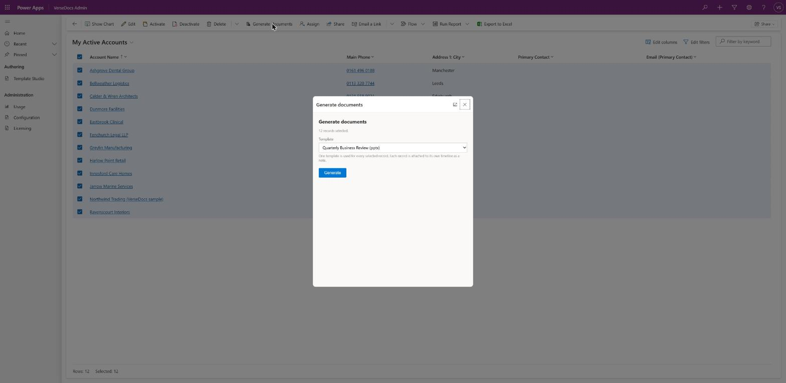 The bulk Generate documents dialog reporting twelve records selected with a single template picker.