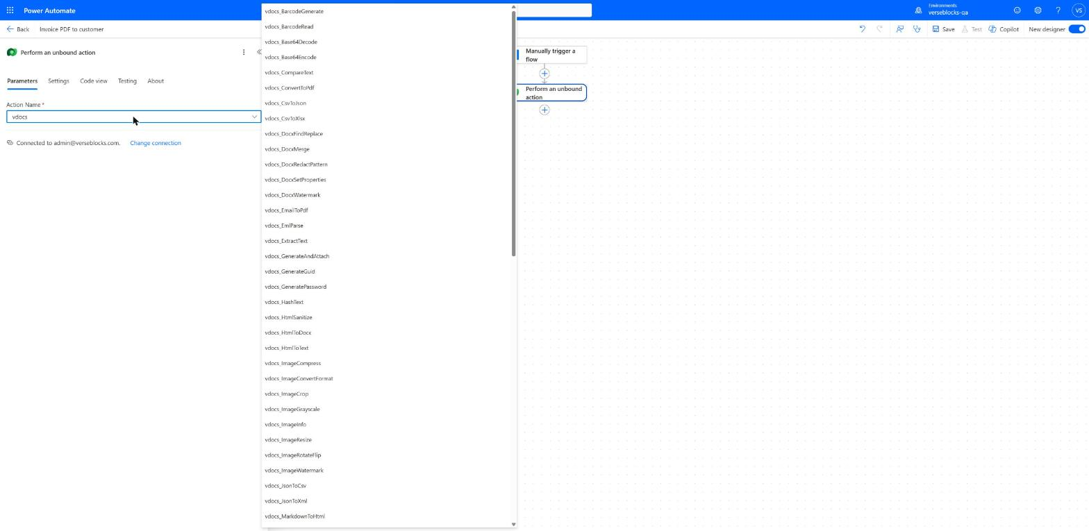 The Power Automate action picker listing dozens of vdocs_ actions from Barcode Generate through Markdown To Html.