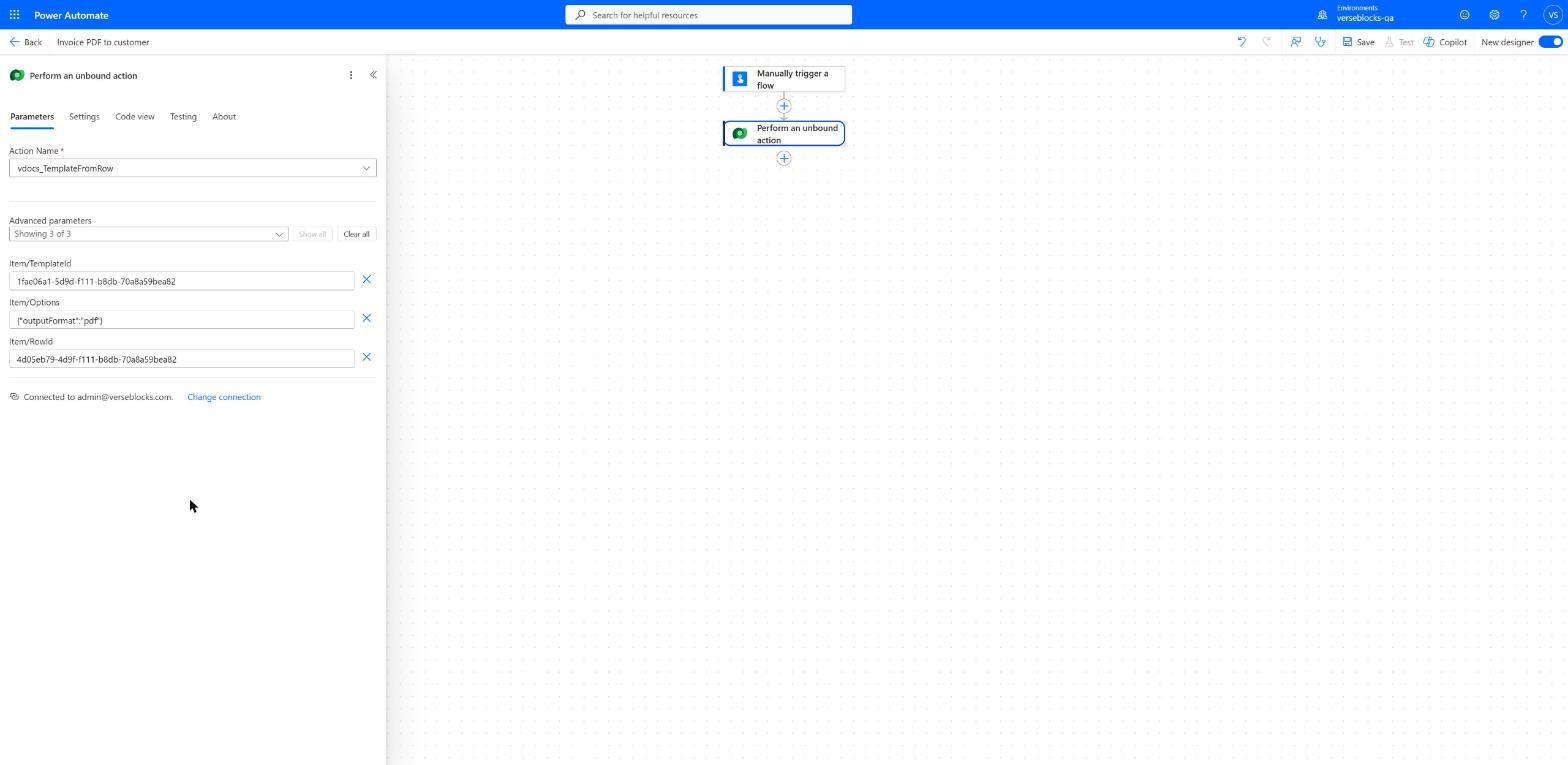 A Power Automate flow step calling vdocs_TemplateFromRow with template ID, options and row ID filled in.