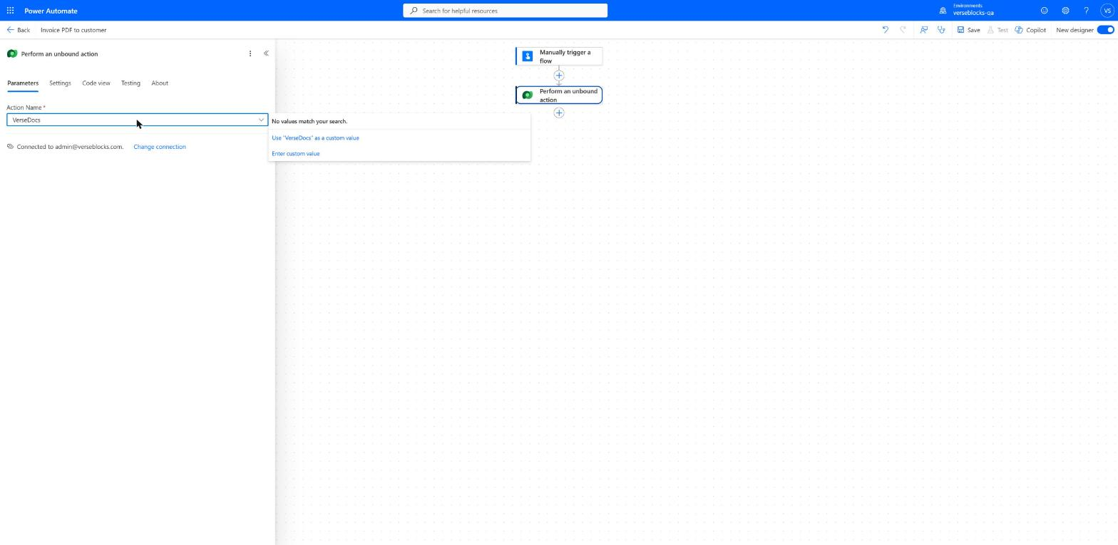 The same dropdown searched for the word VerseDocs, showing no values match your search.