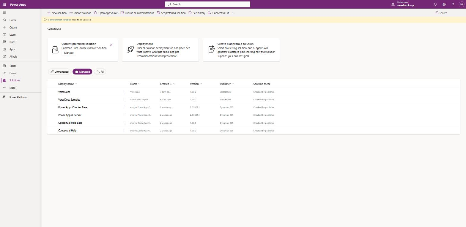 The Power Apps Solutions list filtered to Managed, showing VerseDocs 1.0.0.0 and VerseDocs Samples 1.0.0.0 published by VerseBlocks.