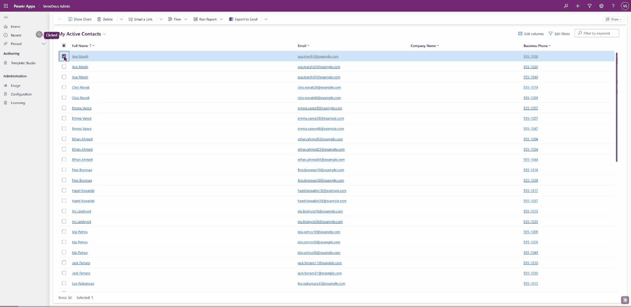 Recording of bulk generation: rows are selected in a contact list, the Generate documents dialog opens, and it finishes reporting Generated 50 of 50 documents