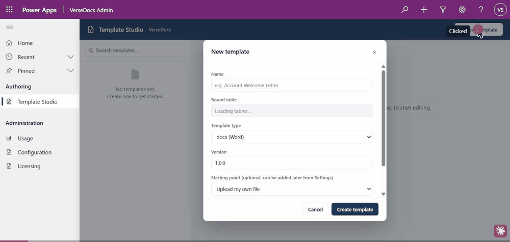 Recording of creating a template: the New template dialog opens, a bound table is searched and chosen, the template is named, and it opens in the editor with tokens already in place